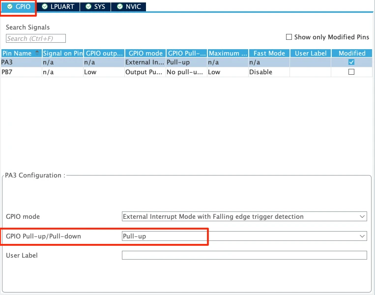 GPIO EXTI configuration for pin PA3 in STM32CubeMX.