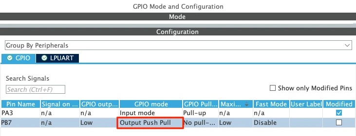 Pin PB7 is configured as output in the STM32CubeMX.