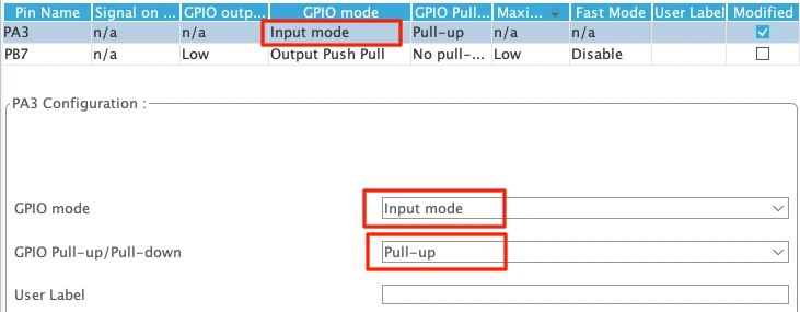 GPIO Input configuration for pin PA3 in STM32CubeMX.