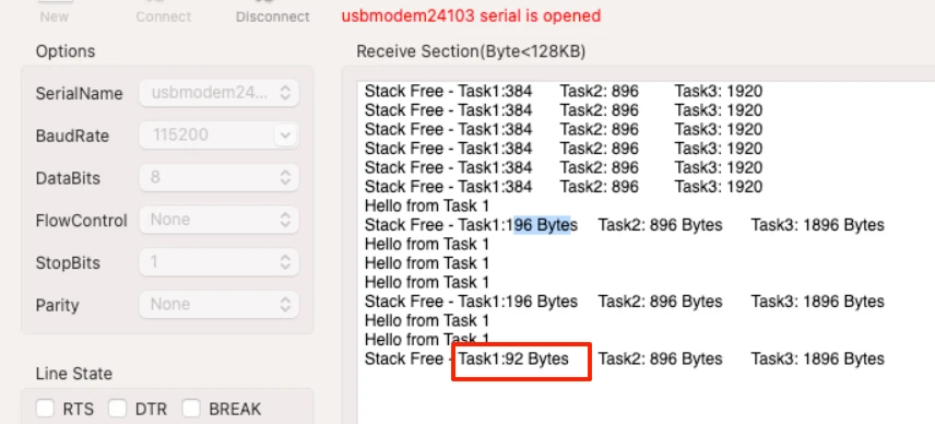 Image shows the task1 free stack dropped after creating a local array inside the task function.