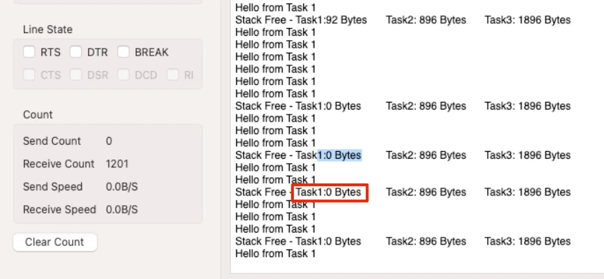 Image shows the task1 free stack dropped to 0 bytes after creating a local array inside the task function.