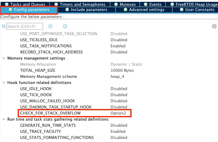 Image shows how to enable CHECK FOR STACK OVERFLOW in STM32CubeMX.