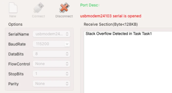 Image shows the log printed by stack overflow hook function, after the stack overflow is triggered on task 1.