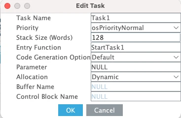Tasks and Queues tab showing the task1 configuration