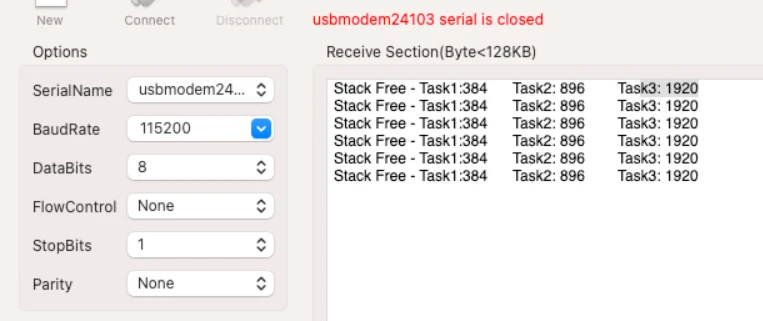 Image shows the serial console displaying the free stack available in all 3 tasks.