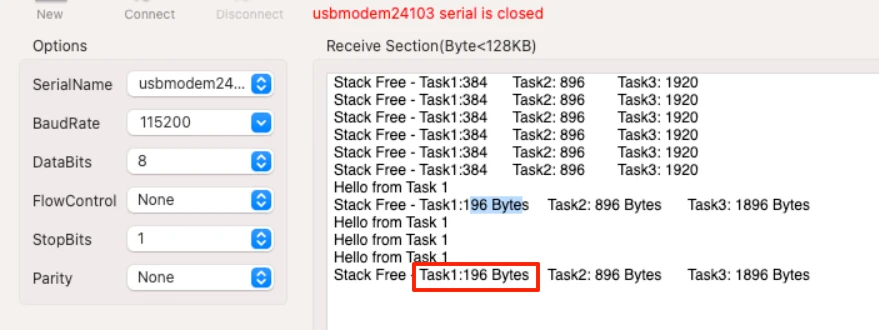 Image shows the task1 free stack dropped after using the printf statement.
