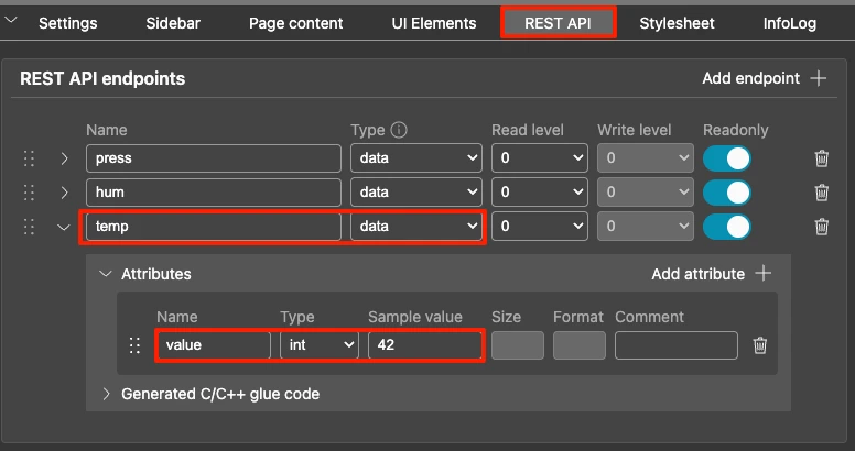 Image shows the STM32 weather station guages REST API showing the temperature endpoinnt.