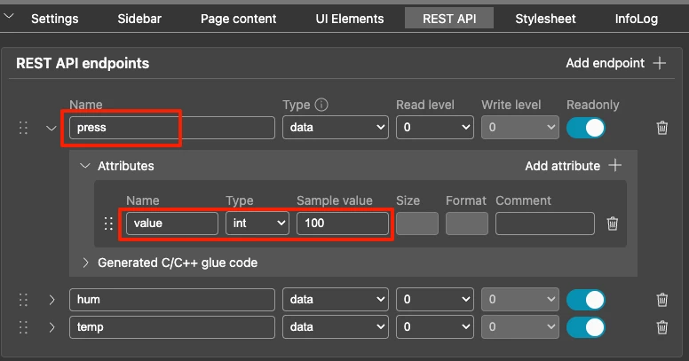 Image shows the STM32 weather station guages REST API showing the pressure endpoinnt.