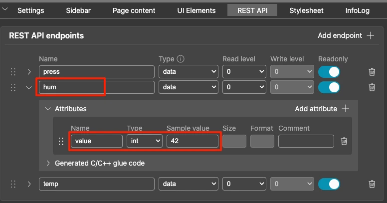 Image shows the STM32 weather station guages REST API showing the humidity endpoinnt.
