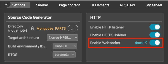 The image shows the Websocket configuration in the mongoose Web UI dashboard settings page.