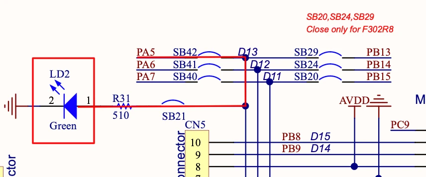 Nucleo-F446RE board schematic showing green onboard LED connected between PA5 and GND