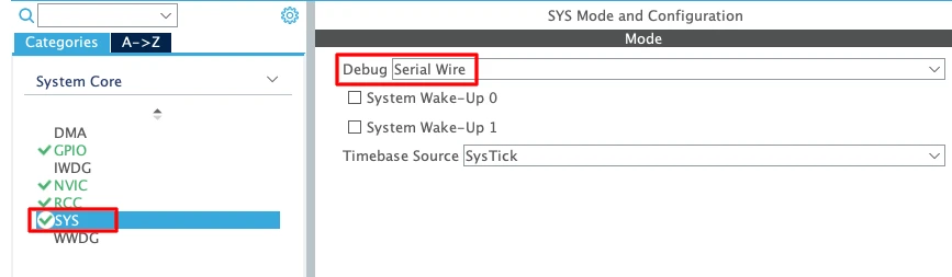 STM32CubeMX SYS configuration tab with Debug set to Serial Wire for SWD programming interface