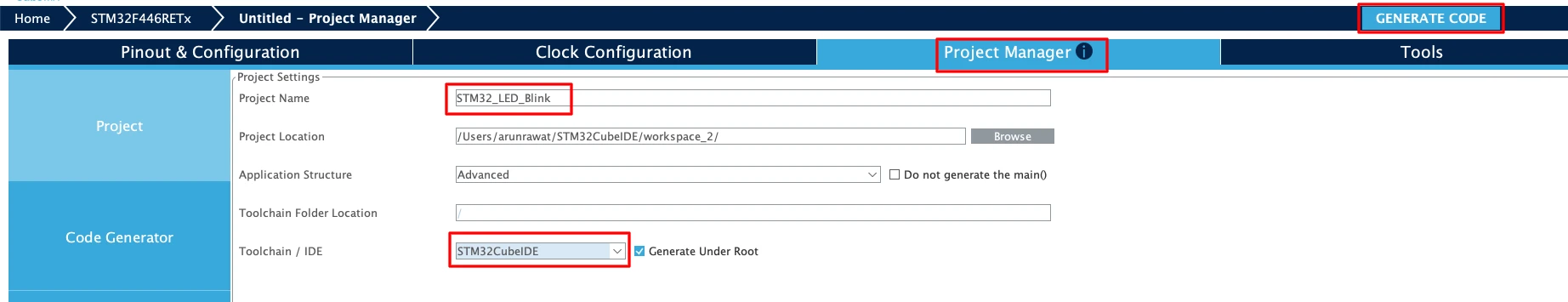 STM32CubeMX Project Manager tab showing project name output path and STM32CubeIDE selected as toolchain