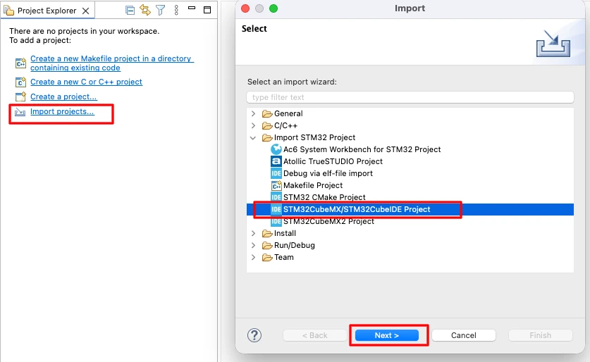 STM32CubeIDE import dialog showing File Import STM32 Project option selected