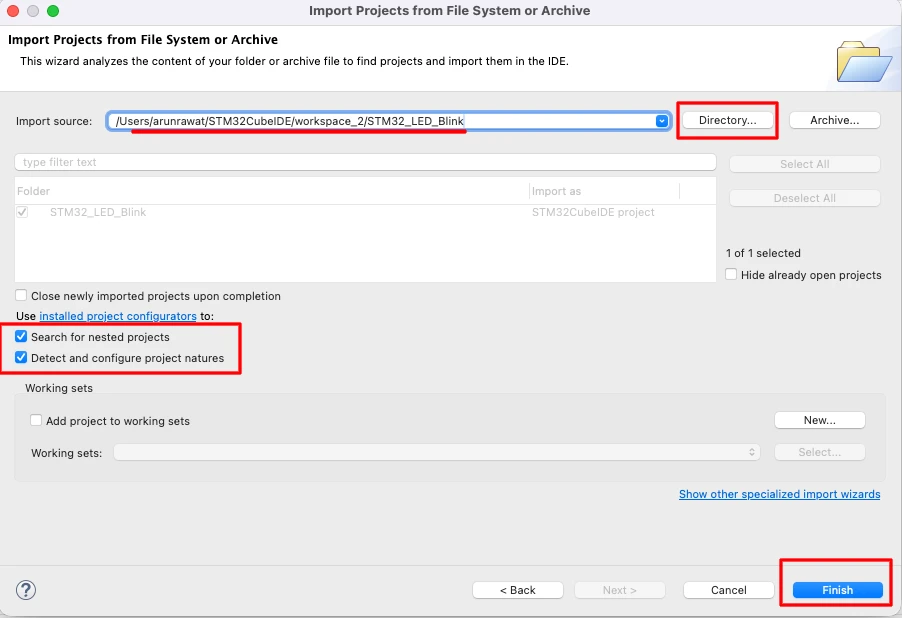 STM32CubeIDE import wizard with project directory selected and project listed for import