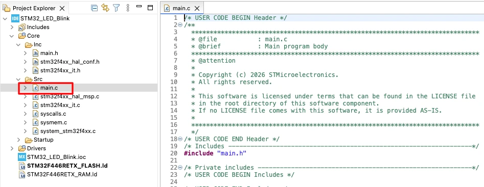 STM32CubeIDE workspace showing imported STM32 blink LED project with Core Src and Inc folder structure