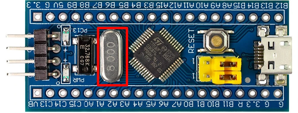 Blue Pill STM32F103C8 board showing 8 MHz external crystal connected to MCU and CubeMX RCC set to Crystal Ceramic Resonator