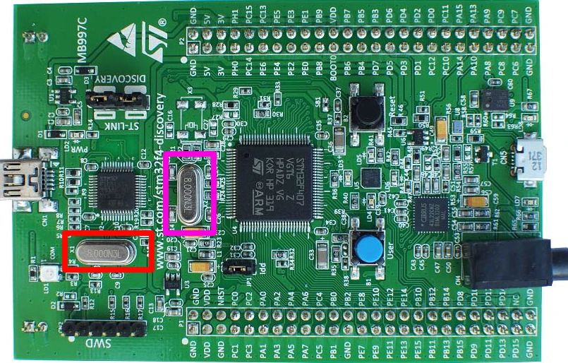STM32 Discovery F407 board showing 8 MHz HSE crystal on MCU side and CubeMX HSE set to Crystal Ceramic Resonator