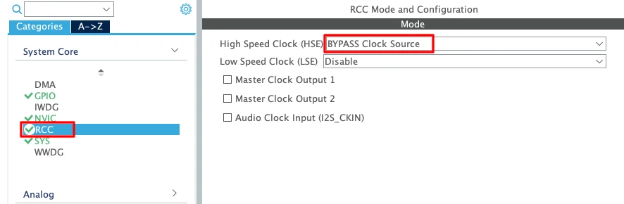 STM32CubeMX clock configuration tab showing HSE selected as input clock source at 8 MHz and PLLCLK selected as system clock