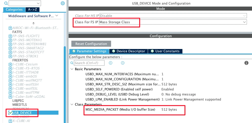 STM32CubeMX USB Device Mass Storage Class middleware configuration with media packet buffer size set to 512 bytes
