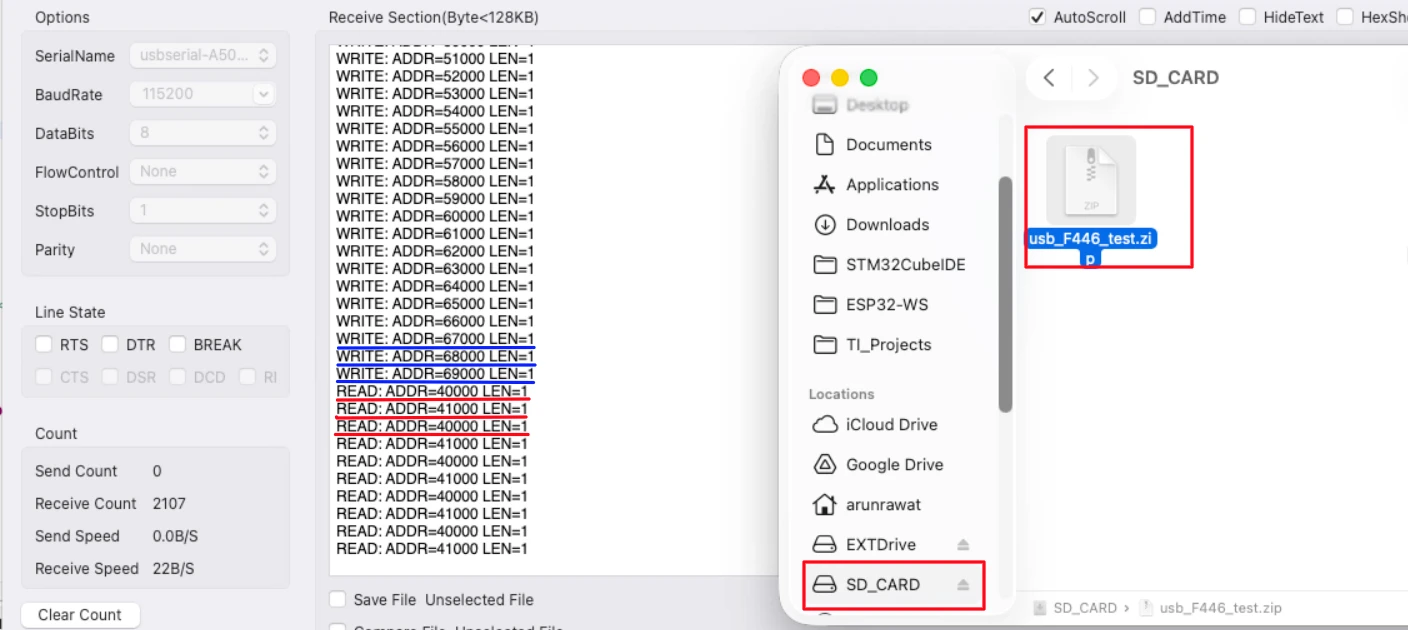 Serial console showing WRITE block address logs during a 16 MB file copy to SD card via STM32 USB Mass Storage Class
