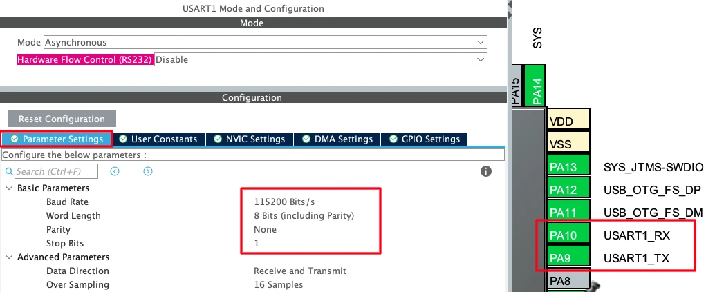STM32CubeMX UART1 asynchronous mode configuration with PA9 TX and PA10 RX pins for serial logging