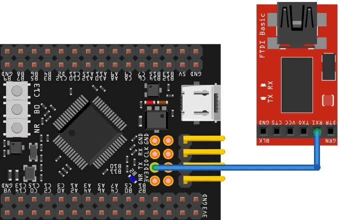 STM32 UART TX pin connected to USB-to-TTL adapter RX pin for serial console logging