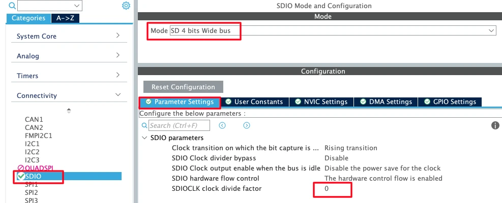 STM32CubeMX SDIO peripheral enabled in 4-bit wide bus mode for SD card interface with hardware flow control enabled