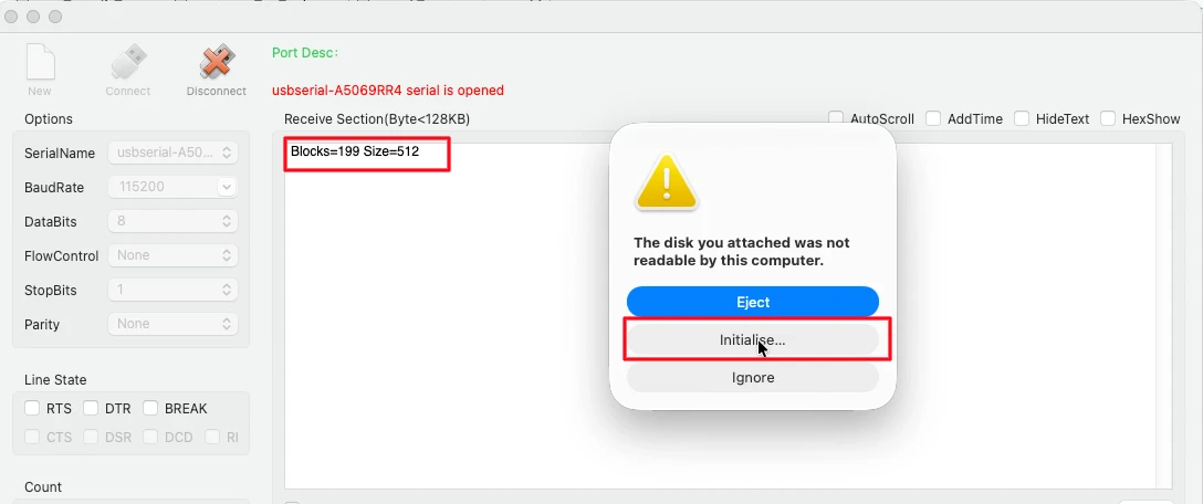 Windows format dialog prompting to initialize and format the STM32 RAM storage device connected via USB Mass Storage Class