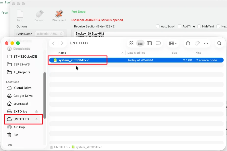 Serial console showing GetCapacity log with Blocks=199 Size=512, and file explorer showing formatted RAM drive as external USB storage