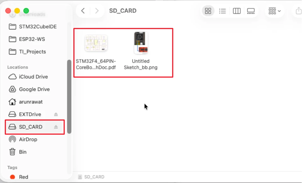SD card appearing as external USB drive in file explorer through STM32 USB Mass Storage Class with test files intact