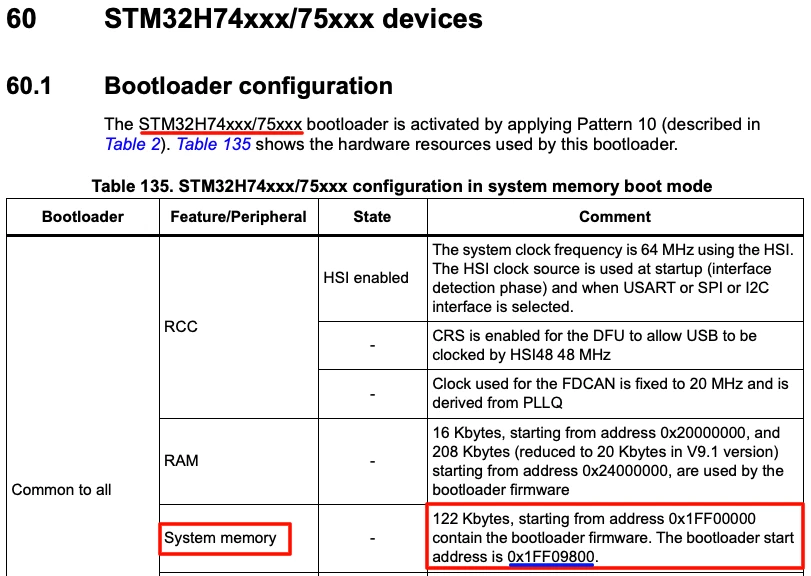 AN2606 application note showing STM32H745 system memory address and bootloader offset