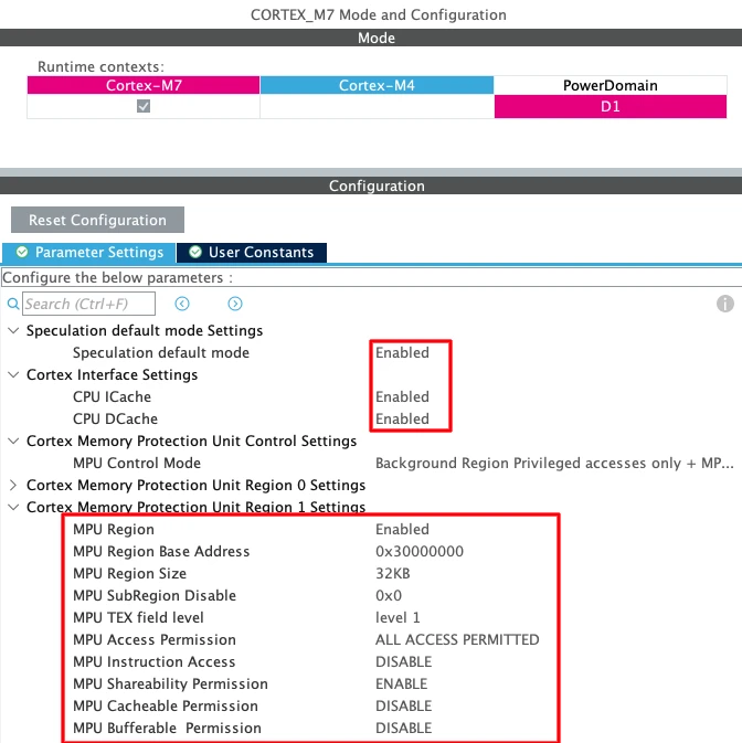 STM32CubeMX MPU configuration for Cortex-M7 showing 32 KB non-cacheable memory region