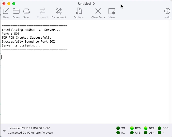 STM32 serial terminal log showing Modbus TCP server initialized and listening on port 502