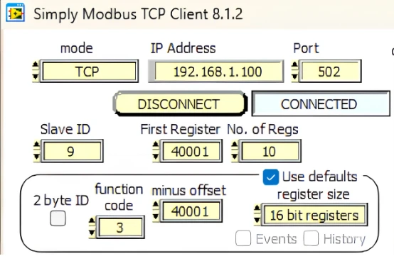 Simply Modbus TCP Client configuration showing IP address, port, slave ID, and function code