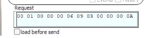 Modbus TCP request frame generated by Simply Modbus client showing transaction ID, unit ID, and function code