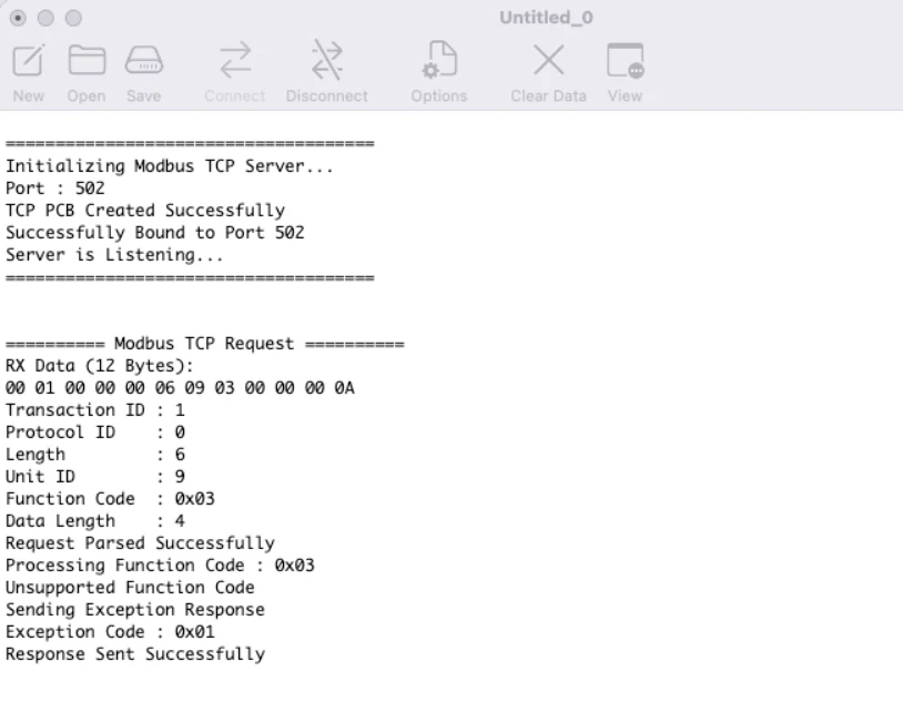 STM32 UART log showing decoded Modbus TCP request and exception response sent to client