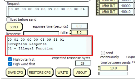 Simply Modbus TCP Client showing Illegal Function exception response received from STM32 server