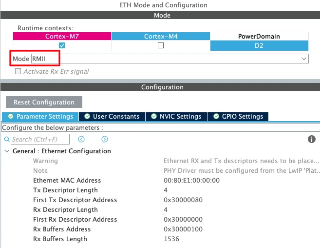 STM32CubeMX Ethernet parameters showing RX and TX DMA descriptor memory addresses