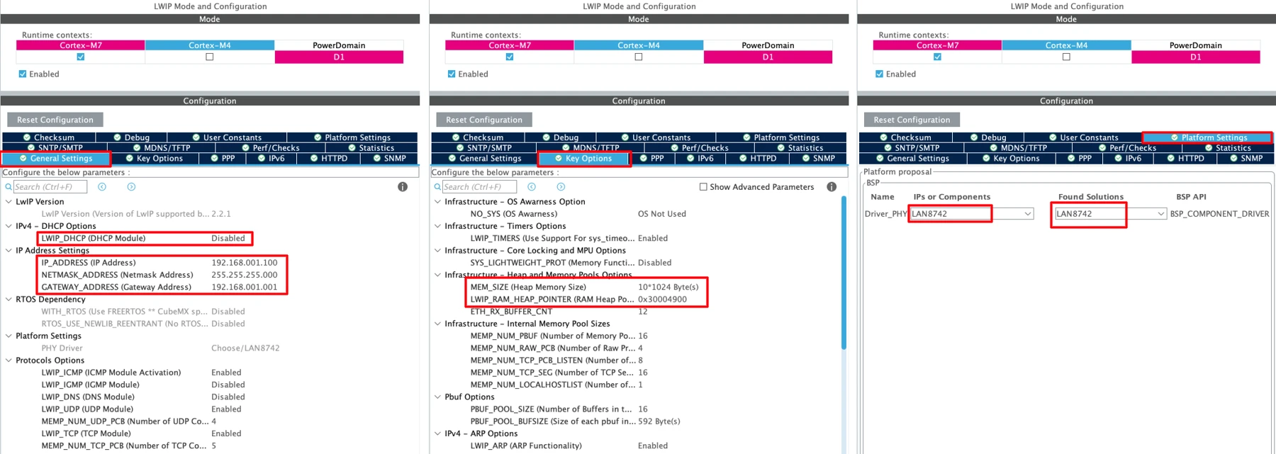 STM32CubeMX LWIP configuration showing static IP address, heap size, and PHY settings