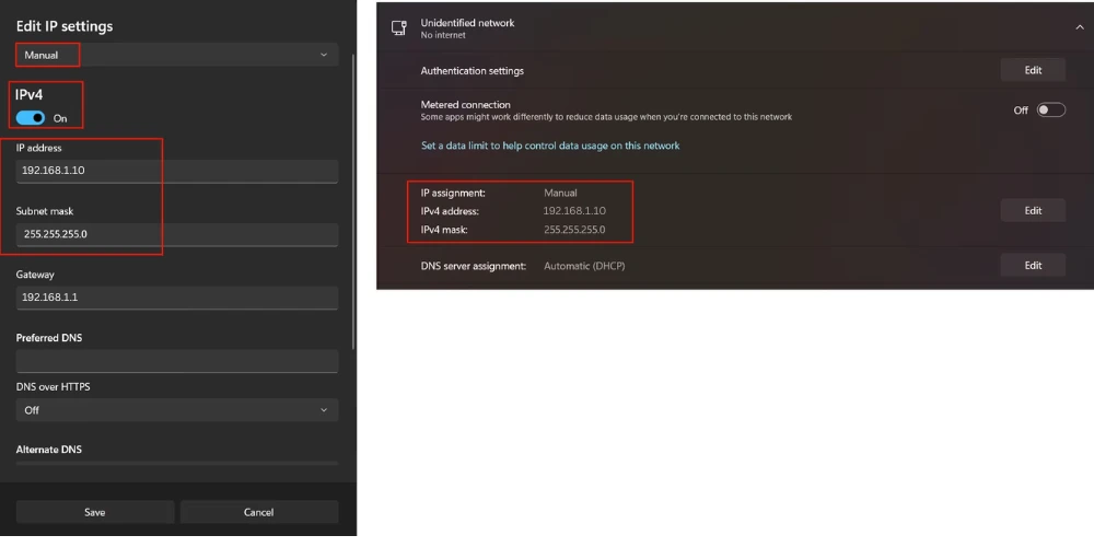 Windows Ethernet adapter IP configuration for direct connection to STM32 Nucleo board