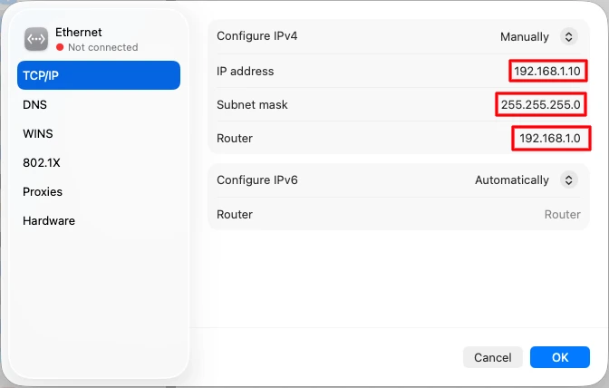 Mac Ethernet network settings for direct connection to STM32 Nucleo board