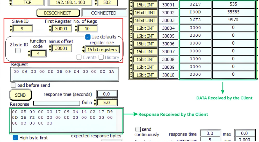 Simply Modbus TCP Client showing changed ADC input register value after rotating the potentiometer on PA3