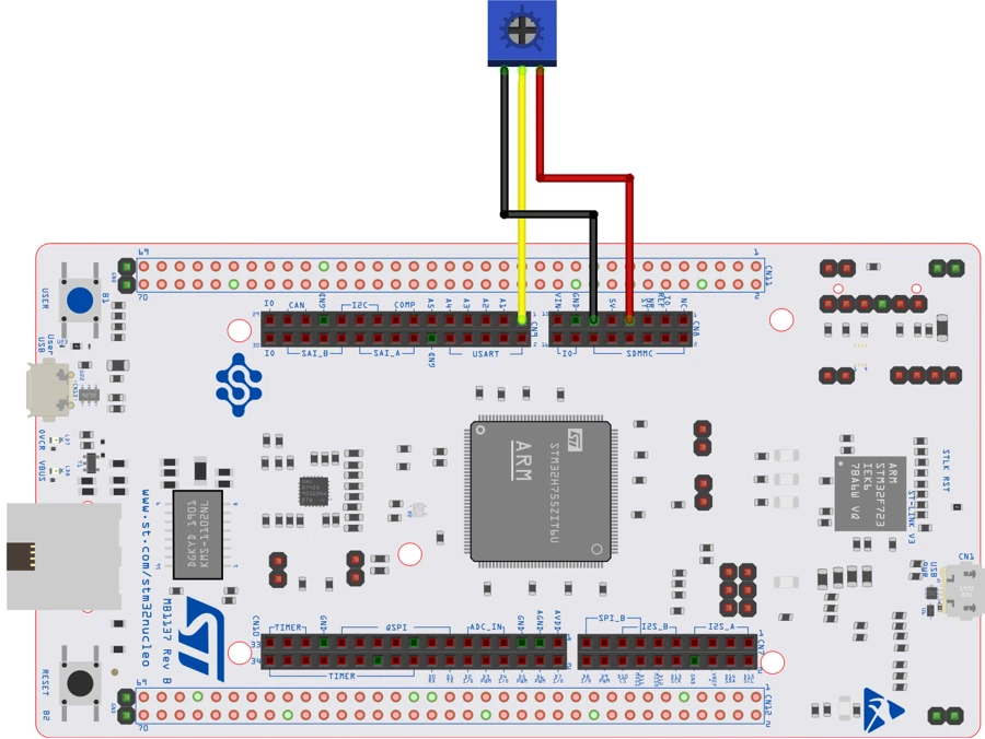 Potentiometer wired to PA3 on STM32 Nucleo H755 board for Modbus input register demo