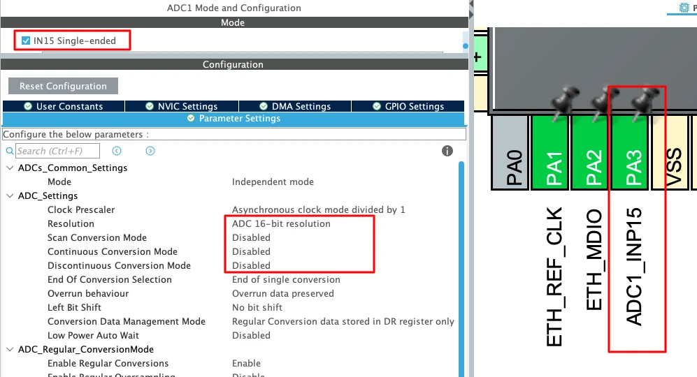 STM32CubeMX ADC1 configuration showing channel 15 enabled at 16-bit resolution