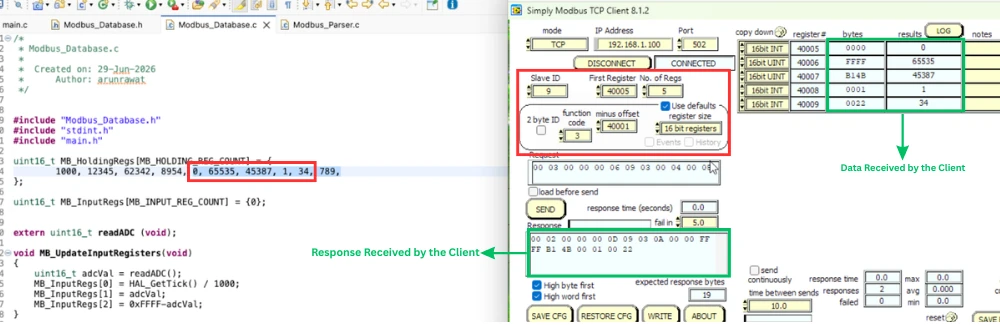 Simply Modbus TCP Client showing holding register values for 5 registers starting at address 40005