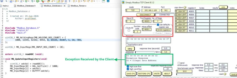 Simply Modbus TCP Client showing Illegal Data Address exception for a request exceeding available holding registers