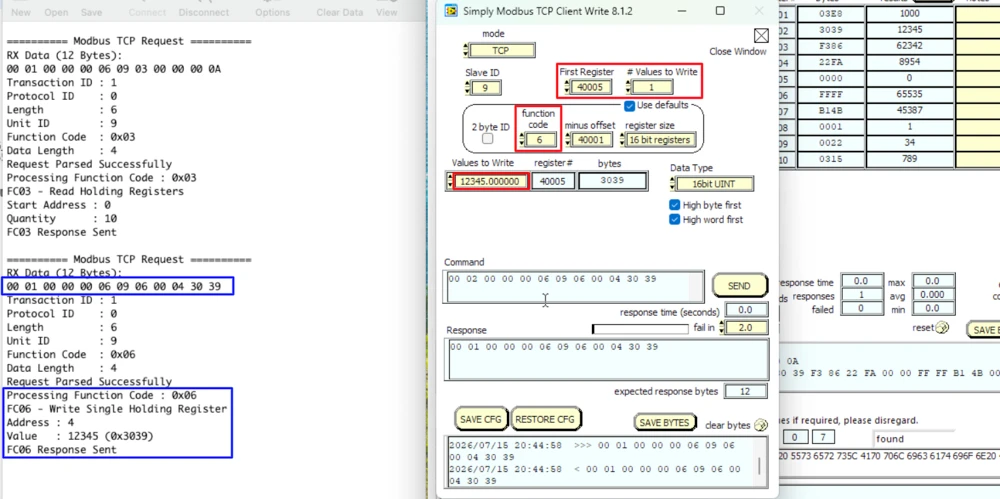 Simply Modbus TCP Client write request for function code 6 targeting holding register 40005