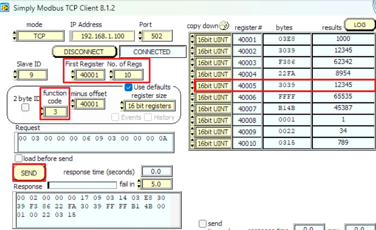 Simply Modbus TCP Client showing holding register 40005 updated after the function code 6 write