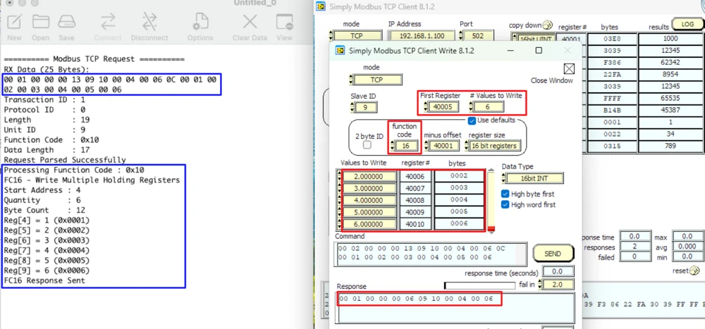 Simply Modbus TCP Client write request for function code 16 writing six holding registers starting at 40005